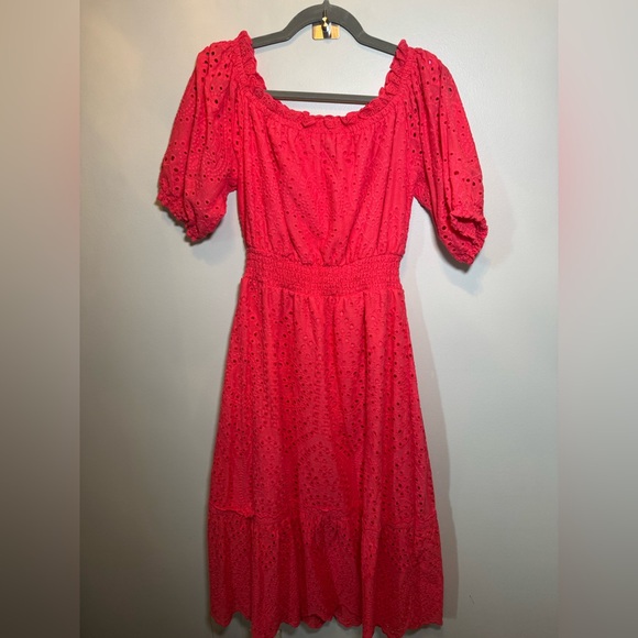 Betsey Johnson Eyelet Coral Midi Dress - Picture 1 of 9